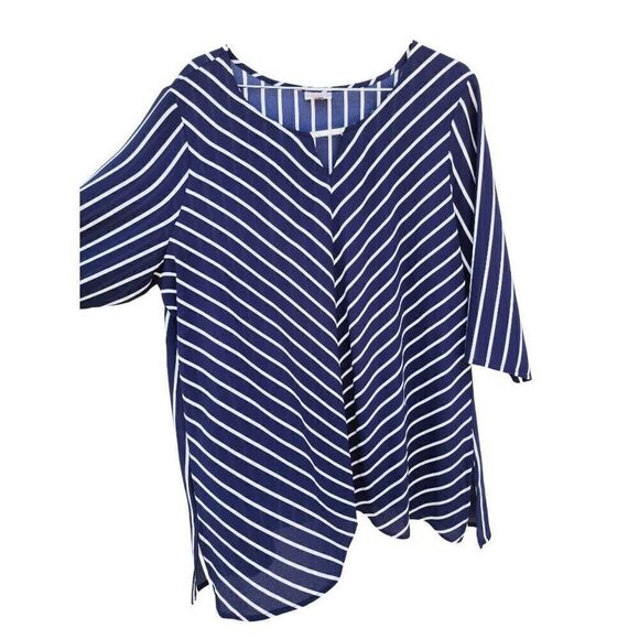 Avenue Tunic Blouse Womens Blue Stripe Gold Accent 3/4 Sleeve Artsy Plus 22/24 - Picture 3 of 7
